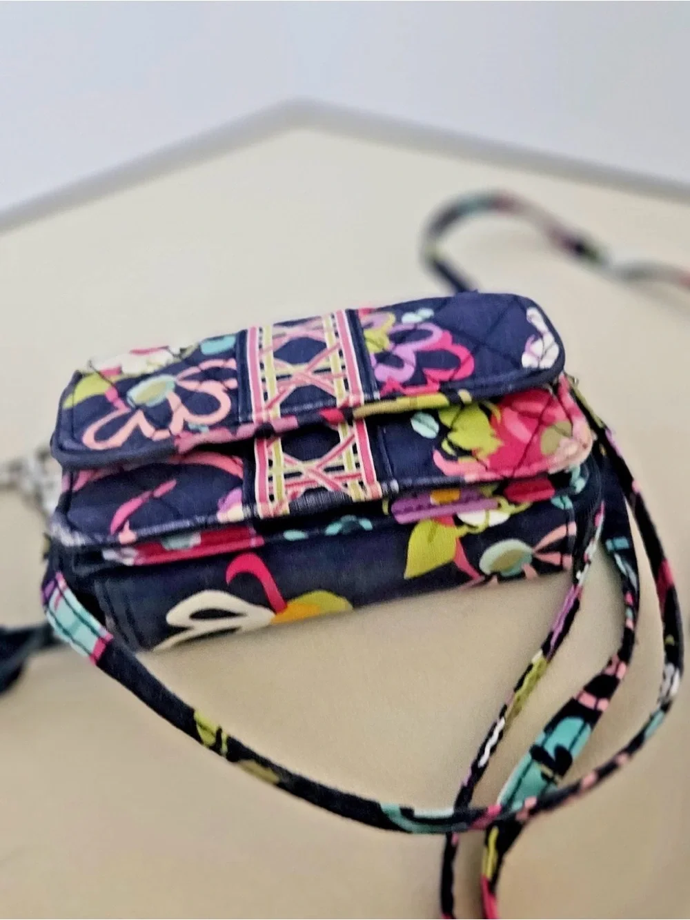 Vera Bradley Navy Floral Quilted Mini Crossbody with Pink & Lime Accents